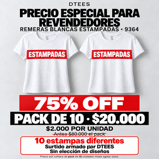 Precio especial para revendedores. Remeras 9364, pack de 10 por $20.000.