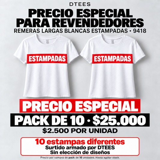 Precio especial para revendedores. Remeras largas 9418, pack de 10 por $25.000.